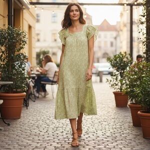 Rails Skylar Posies Dress Green Flutter Sleeve Crepe Stretch XS MIDI Smocked EUC